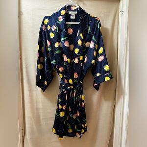 Vanity Fair Tulip Print Satin Robe Navy Floral Belted Y2K L Bohemian Retro